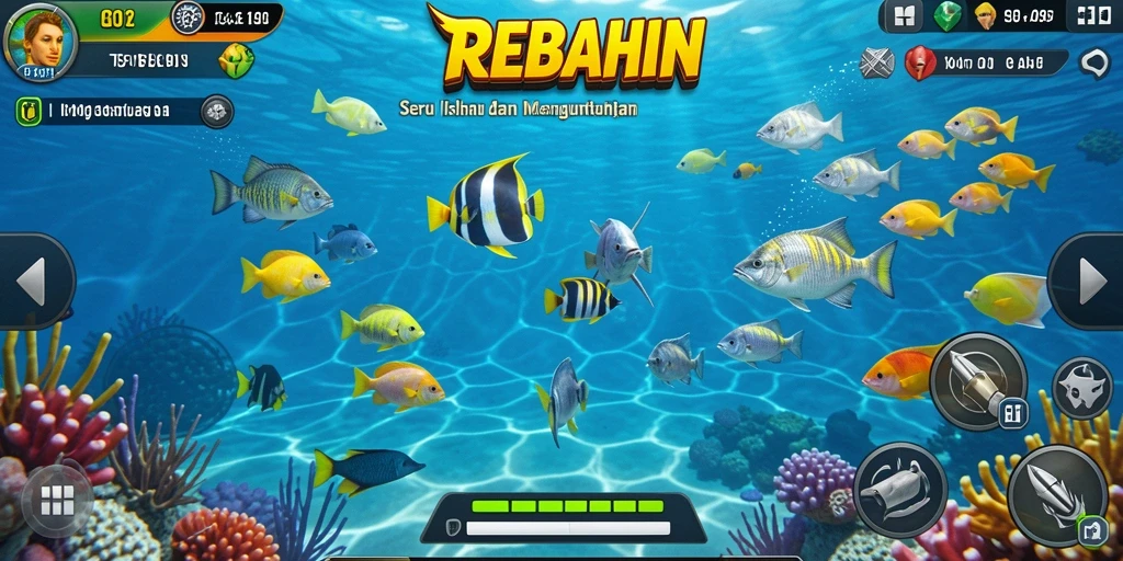Tampilan gameplay REBAHIN menunjukkan aksi menembak ikan yang mengasyikkan.